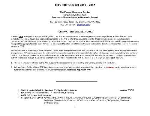 FCPS PRC Tutor List 2011 – 2012 - Fairfax County Public Schools
