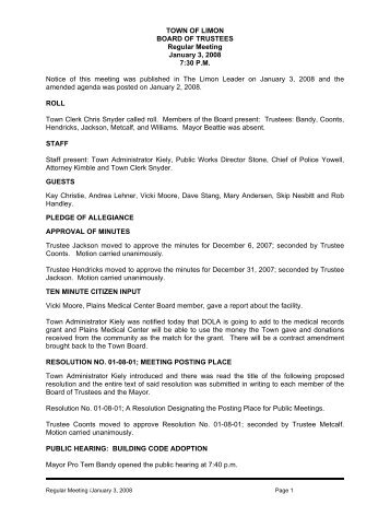 town of limon board of trustees regular meeting january