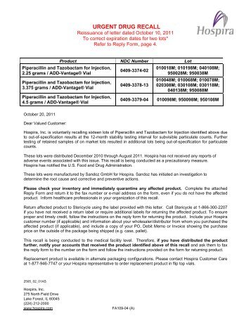 AMENDED Recall Letter: Piperacillin & Tazobactam for Inj - Hospira