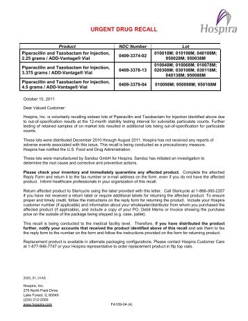 Piperacillin & Tazobactam for Inj. Recall - Hospira