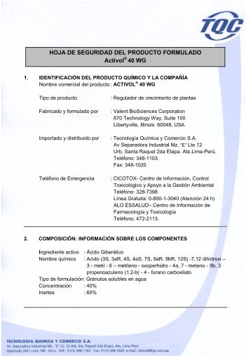 HOJA DE SEGURIDAD DEL PRODUCTO FORMULADO Activol 40 WG