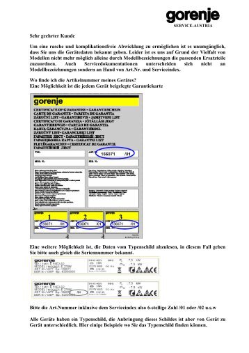 Bitte halten Sie bei allen Bestellungen die Gerätedaten ... - Gorenje