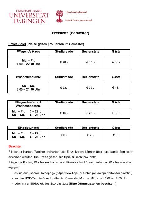 Preisliste (Semester) - Hochschulsport