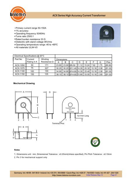 ACX Series High Accuracy Current Transformer - Nuvotem Talema