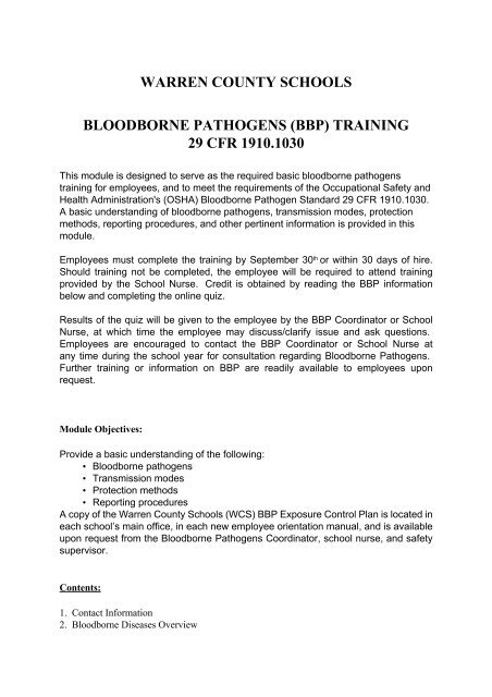 Bloodborne Pathogen Information - Warren County Schools