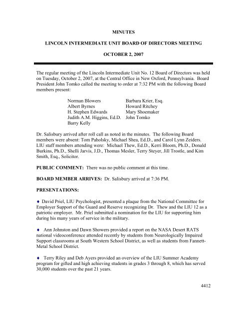 MINUTES LINCOLN INTERMEDIATE UNIT BOARD OF 