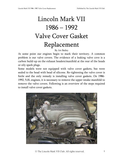 1992 Valve Cover Gasket Replacement - The Lincoln Mark VII Club