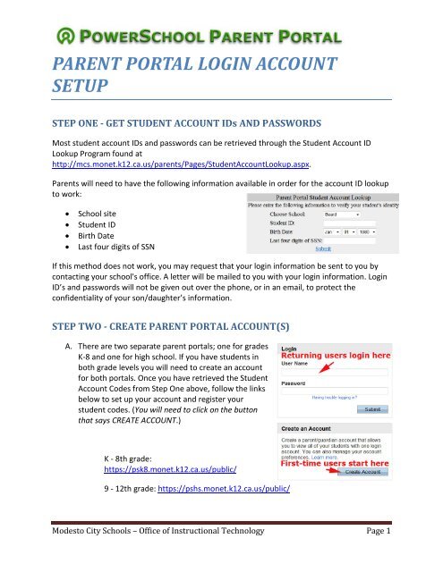 PARENT PORTAL LOGIN ACCOUNT SETUP - Modesto City Schools