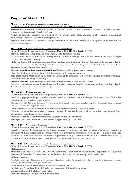 Programme MASTER 1 - Faculté des Sciences et Techniques