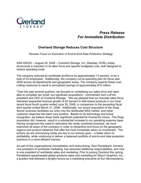 Press Release For Immediate Distribution - Overland Storage