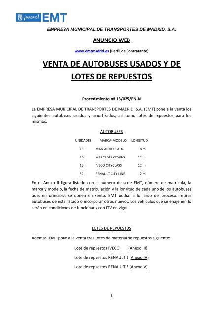 venta de autobuses usados y de lotes de repuestos - EMT