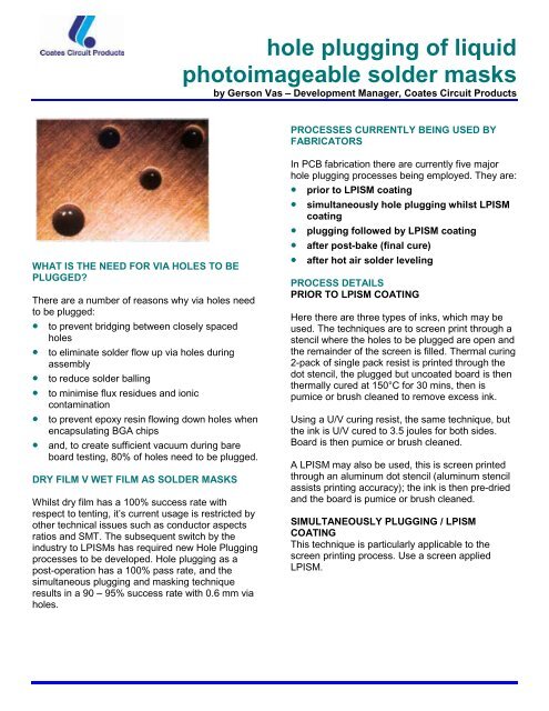 hole plugging of liquid photoimageable solder masks - Coates Screen