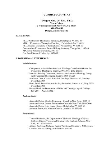 CURRICULUM VITAE Dongsu Kim, Dr. Rev., Ph.D. - Nyack College