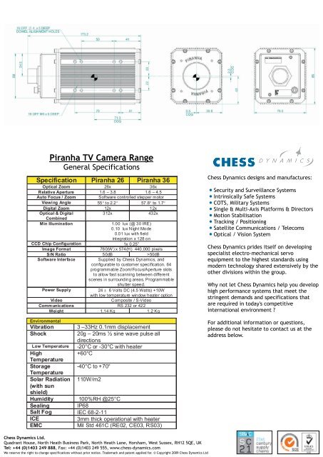 Piranha TV Camera Datasheet PDF - Chess Dynamics