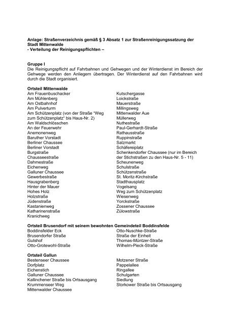 StraÃŸenreinigungssatzung der Stadt Mittenwalde
