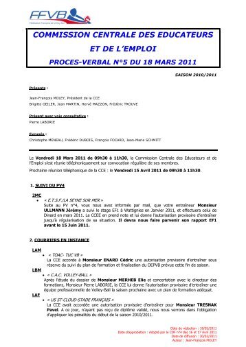 PV 5 - 18 mars 2011 - Extranet FFVB