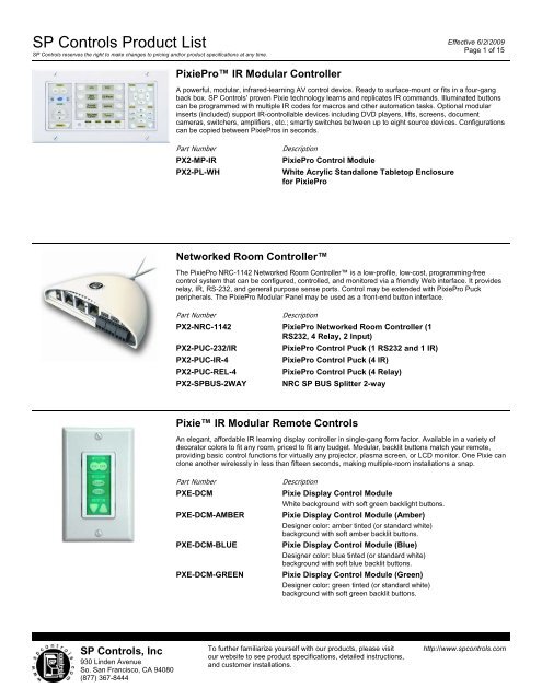 SP Controls Product List