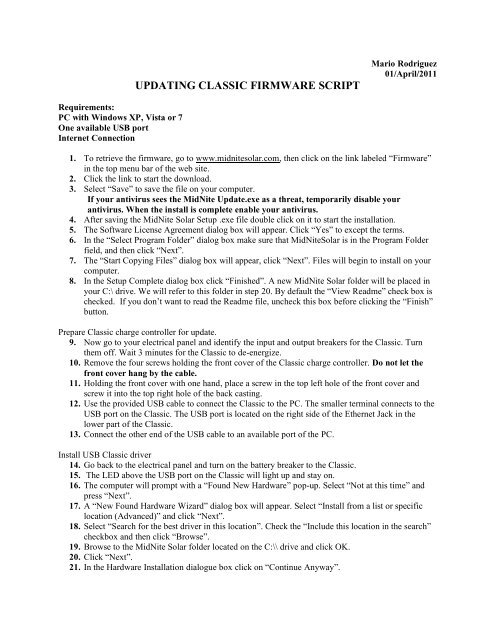 Firmware Update Doc - MidNite Solar