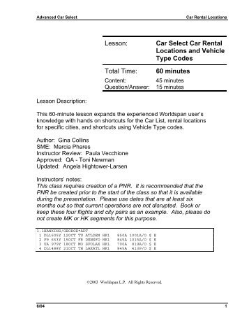 Car Rental Locations & Vehicle Type Codes - Global Learning Center
