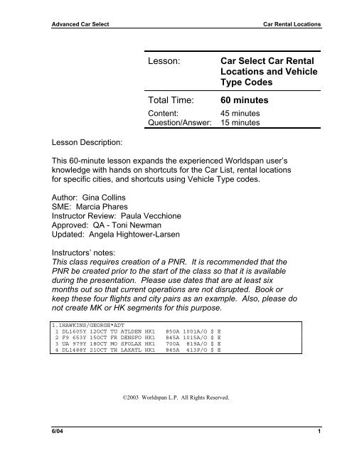 Car Rental Locations & Vehicle Type Codes - Global Learning Center
