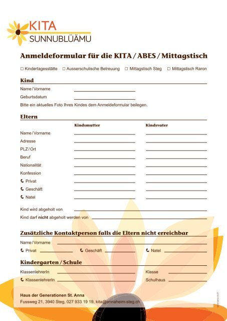 Anmeldeformular fÃ¼r die KITA / ABES / Mittagstisch