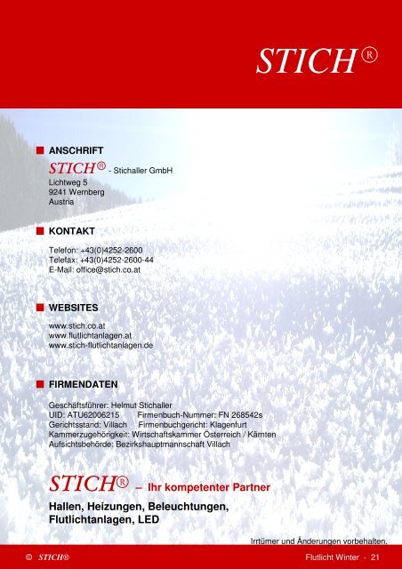 STICH® - Katalog Flutlicht  Winter - Flutlichtanlagen