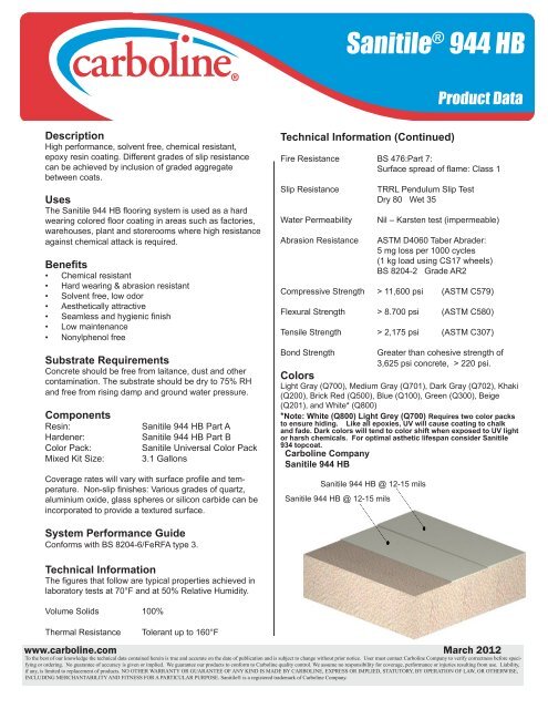 Flowcoat 944 HB Sanitile® 944 HB Sanitile® 944 HB - Carboline