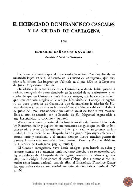 El licenciado don Francisco Cascales y la ciudad de Cartagena