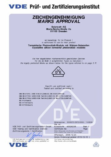 Zertifikat IEC 61215 Ed. 2/61730 - ungerahmte SOLARWATT Module