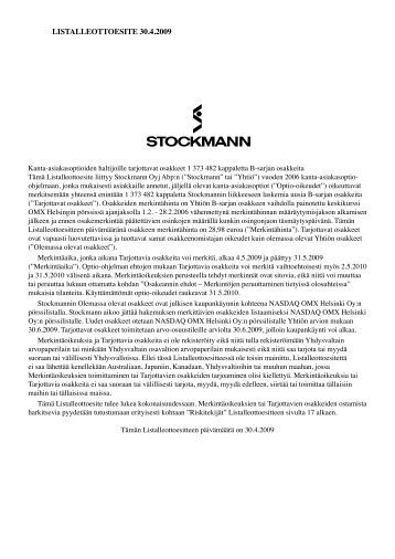 LISTALLEOTTOESITE 30.4.2009 - Stockmann Group