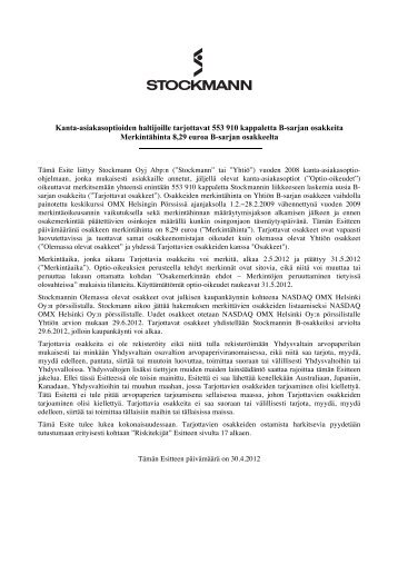 Kanta-asiakasoptioiden haltijoille tarjottavat 553 ... - Stockmann Group