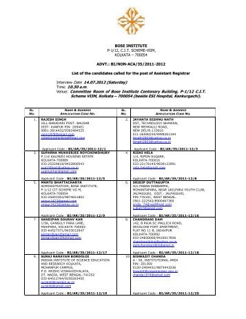 Candidates called for the post of Assistant Registrar - Bose Institute