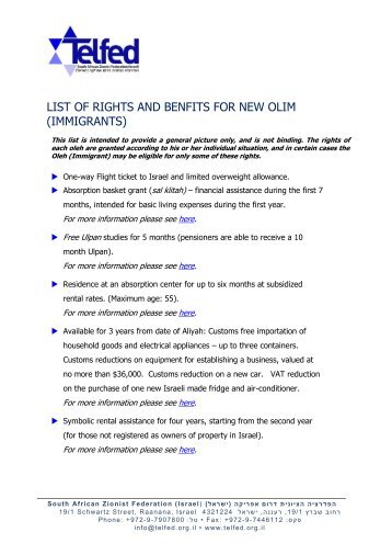 Benefits for Olim - Telfed