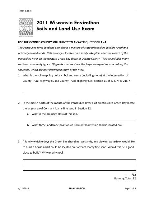 2011 WI Envirothon Soils and Land Use Exam Challenge