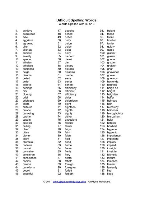 Difficult Spelling Words Spelling Words Well Difficult Spelling Words Spelling Words Well
