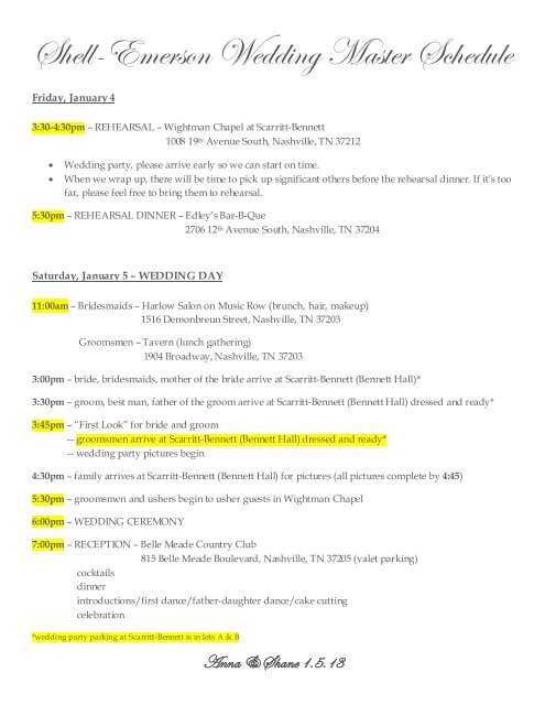 Shell Emerson Wedding Master Schedule Wedding Window