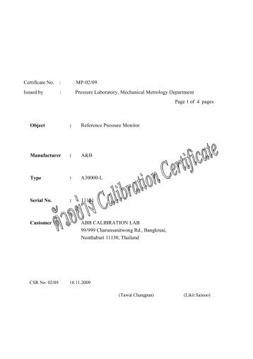 Certificate No. : MP-02/09 Issued by : Pressure Laboratory ...