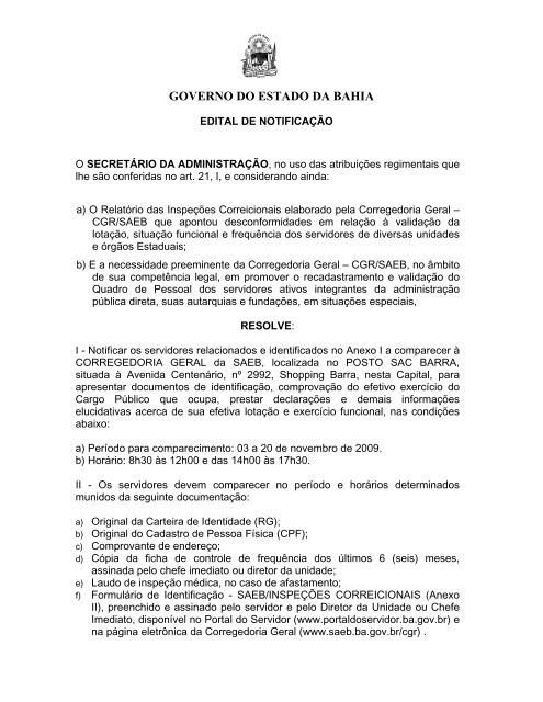 Edital, Anexo I - Governo da Bahia