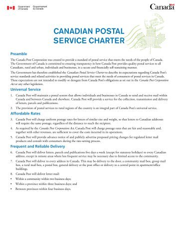CANADIAN POSTAL SERVICE CHARTER - Transports Canada
