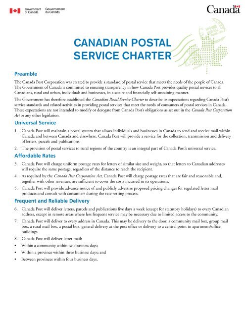 CANADIAN POSTAL SERVICE CHARTER - Transports Canada