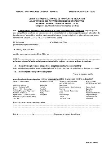 Certificat Médical - Fédération Française du Sport Adapté