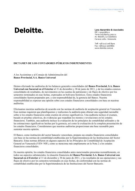 Informe de los Contadores PÃºblicos ... - Banco Provincial