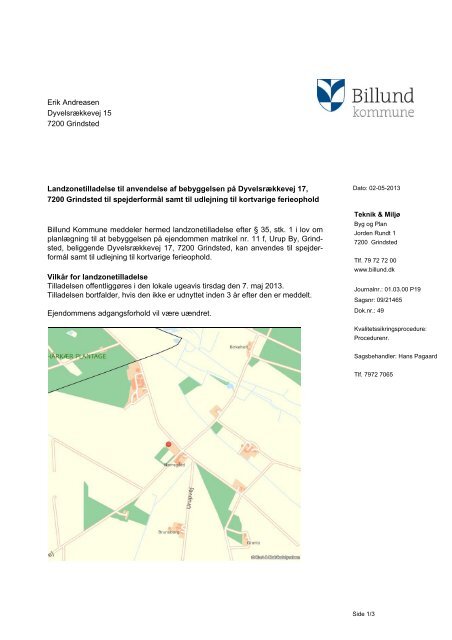 Landzonetilladelse, anvendelse af ejendom til ... - Billund Kommune