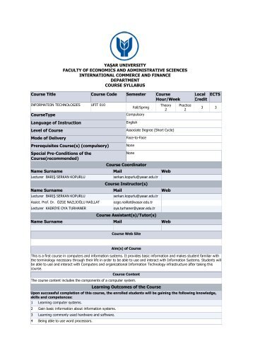 CourseType ECTS Local Credit Course Hour/Week Semester ...