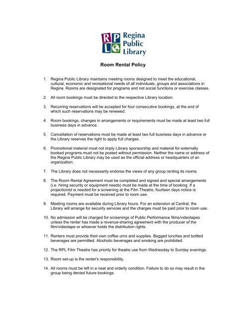 Read The Room Rental Policy Regina Public Library