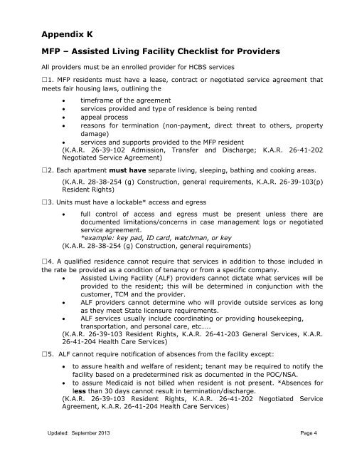 Appendix K MFP â€“ Assisted Living Facility Checklist for Providers