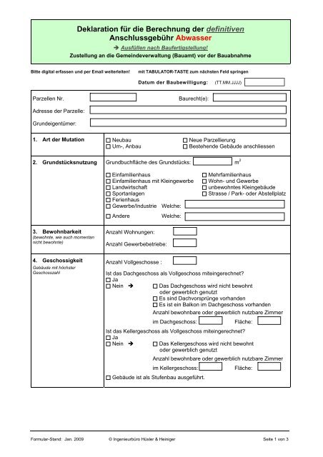 Deklaration für die Berechnung der definitiven Anschlussgebühr ...