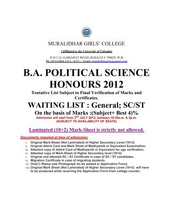 B.A. POLITICAL SCIENCE HONOURS 2012 - Muralidhar Girls College