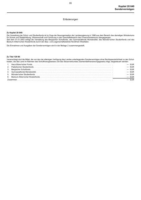 Kapitel 20 640 SondervermÃ¶gen Zweckbestimmung SondervermÃ¶gen