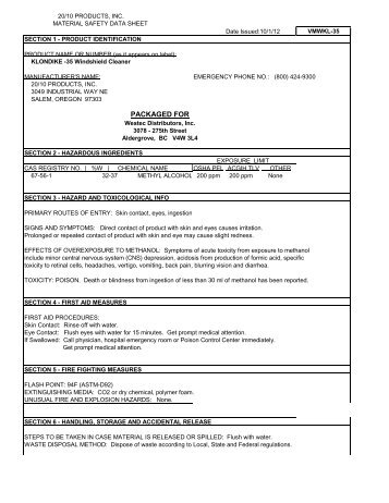 MSDS Klondike -35 Windshield Cleaner - CBS Parts Ltd.